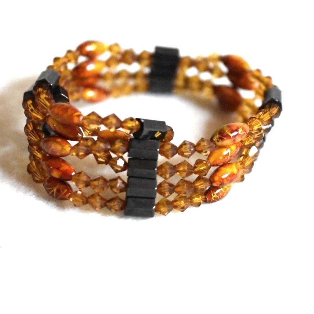Amber/Butterscotch/Black Beaded Magnetic Wrap Very Gently Used Bracelet